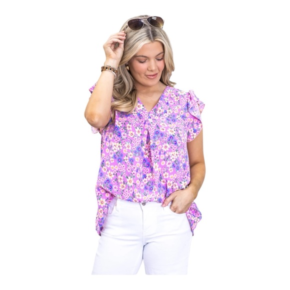 Haptics Tops - Haptics by Holly Hunter orchard Floral Ruffle Sleeve Top - Purple size large